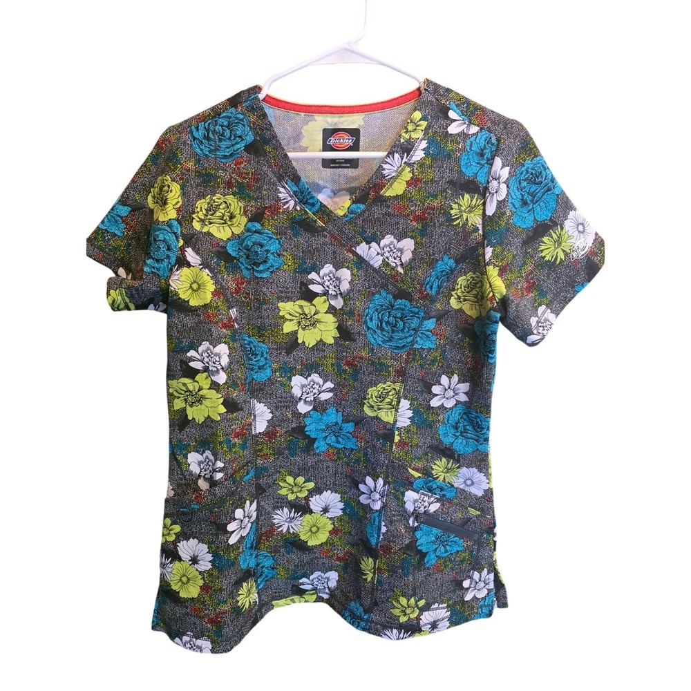 Dickies Medical Scrub Top S Womens Multicolor Floral Print V Neck Pockets Office